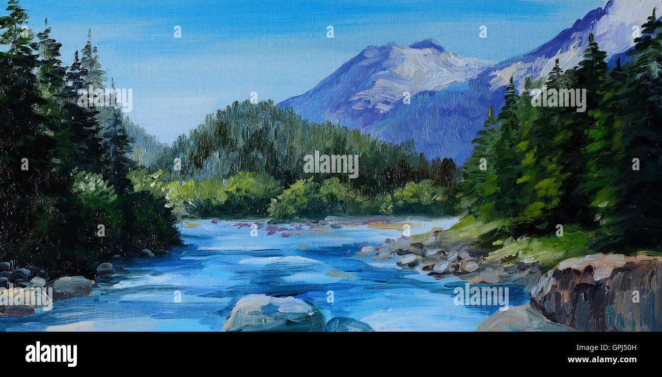 Peinture à l'huile - rivière de montagne, rochers et forêt, dessin abstrait, papier peint ; arbre ; décoration Banque D'Images