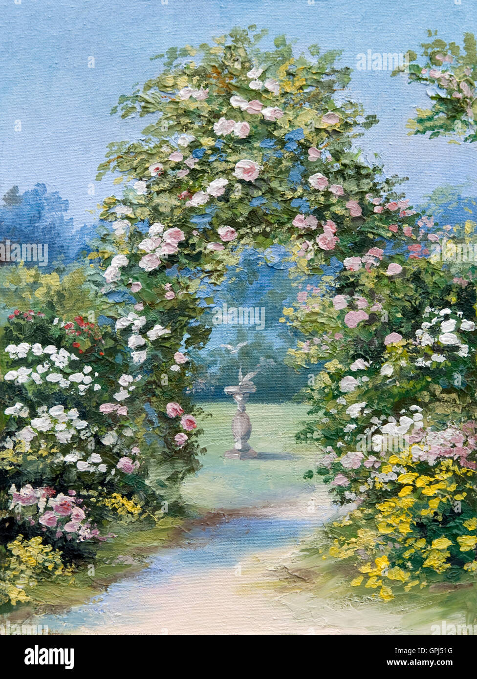 Peinture à l'huile - floral arch dans le parc d'été, photo couleur , dessin abstrait, coloré ; décoration ; design Banque D'Images