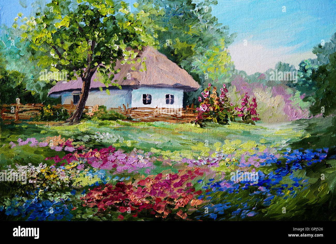 Peinture à l'huile - maison du village, des fleurs ; paysage Banque D'Images