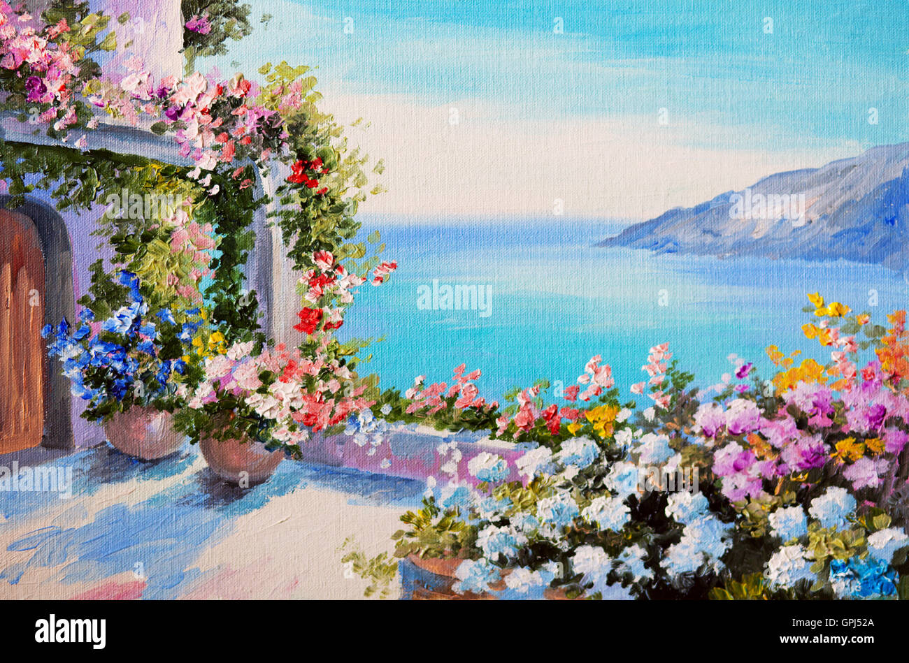 Peinture à l'huile - maison proche de la mer, de conception ; champ ; florale ; fleur Banque D'Images