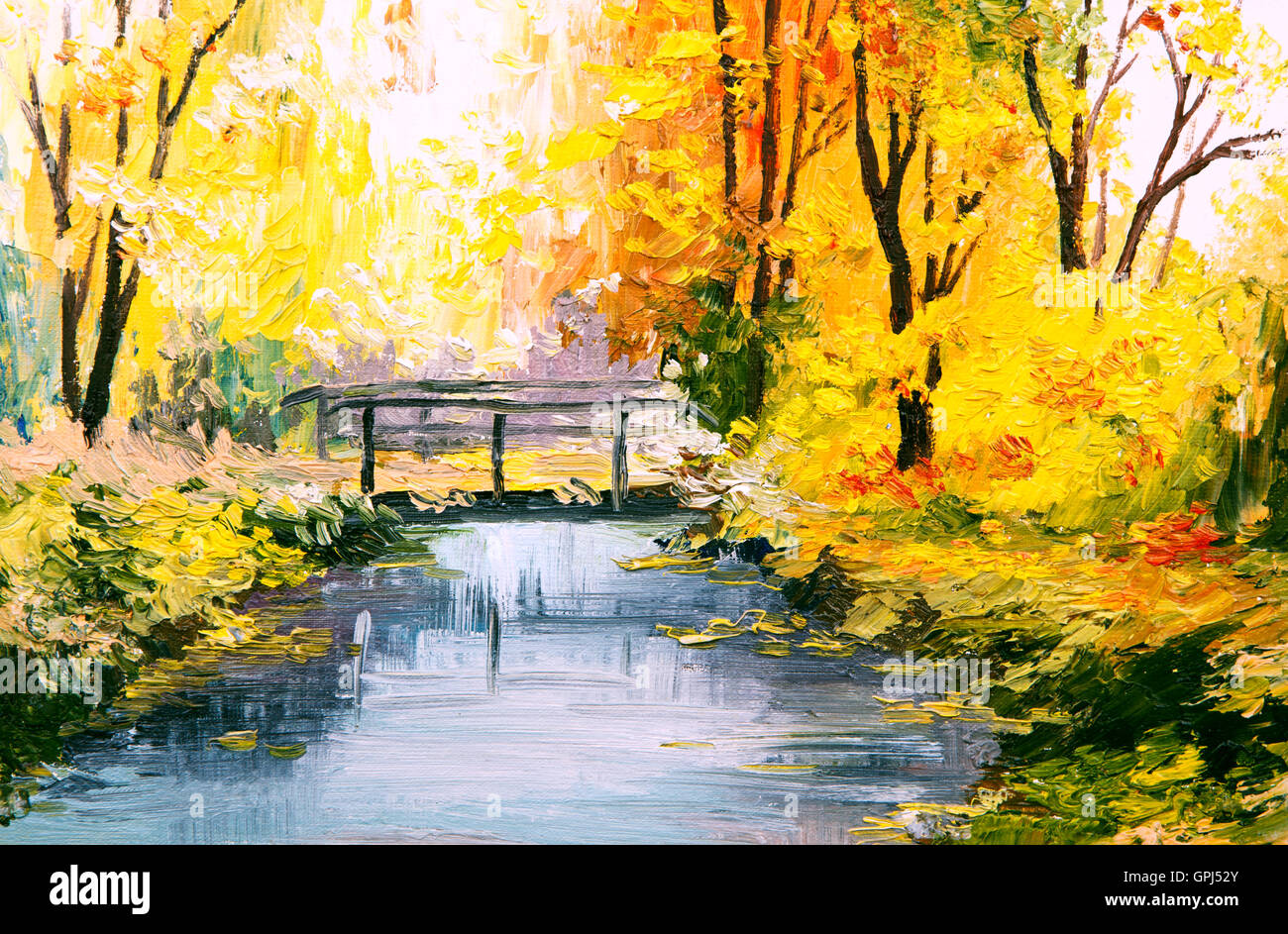Peinture à l'huile paysage - forêt d'automne, belle rivière Banque D'Images