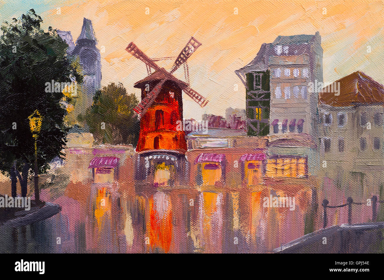 Peinture à l'huile paysage urbain - Moulin Rouge, Paris, France d'art colorées. Banque D'Images