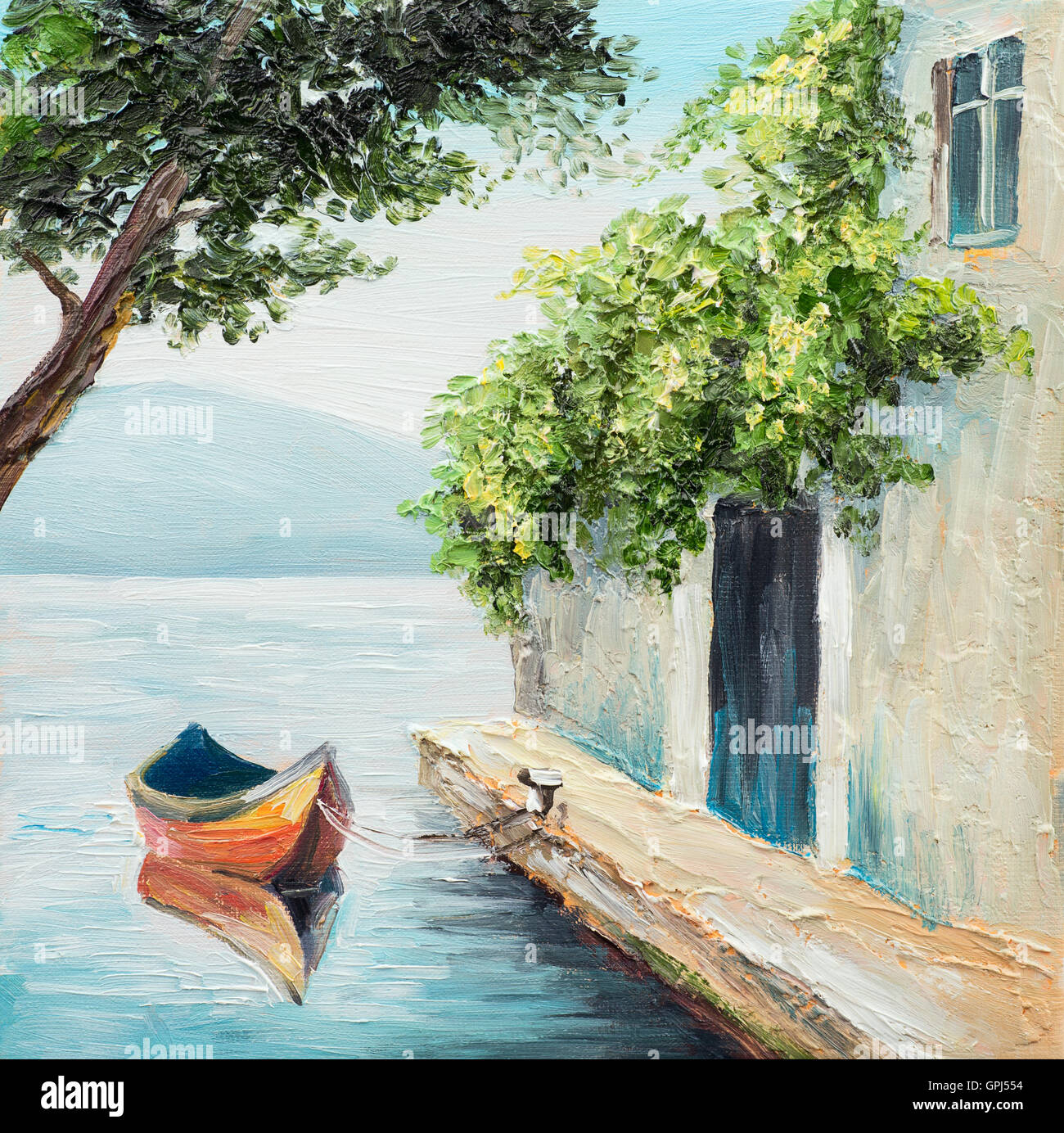 Peinture à l'huile, gondole à Venise, belle journée d'été en Italie, dessin abstrait Banque D'Images