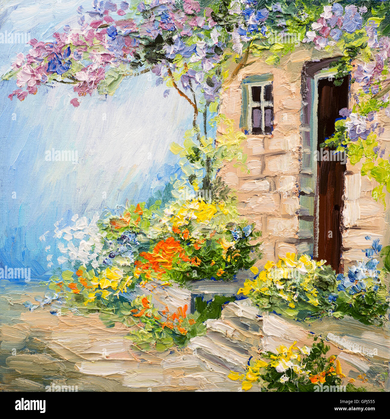 Peinture à l'huile paysage - jardin près de la maison, des fleurs colorées, des forêts d'été Banque D'Images