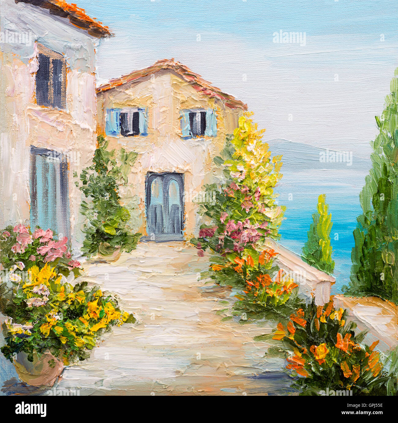 Peinture à l'huile - maison proche de la mer, des fleurs colorées, été seascape Banque D'Images