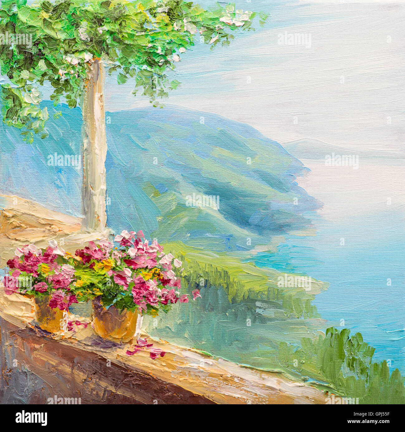 Peinture - maison proche de la mer, paysage marin, l'impressionnisme coloré Banque D'Images