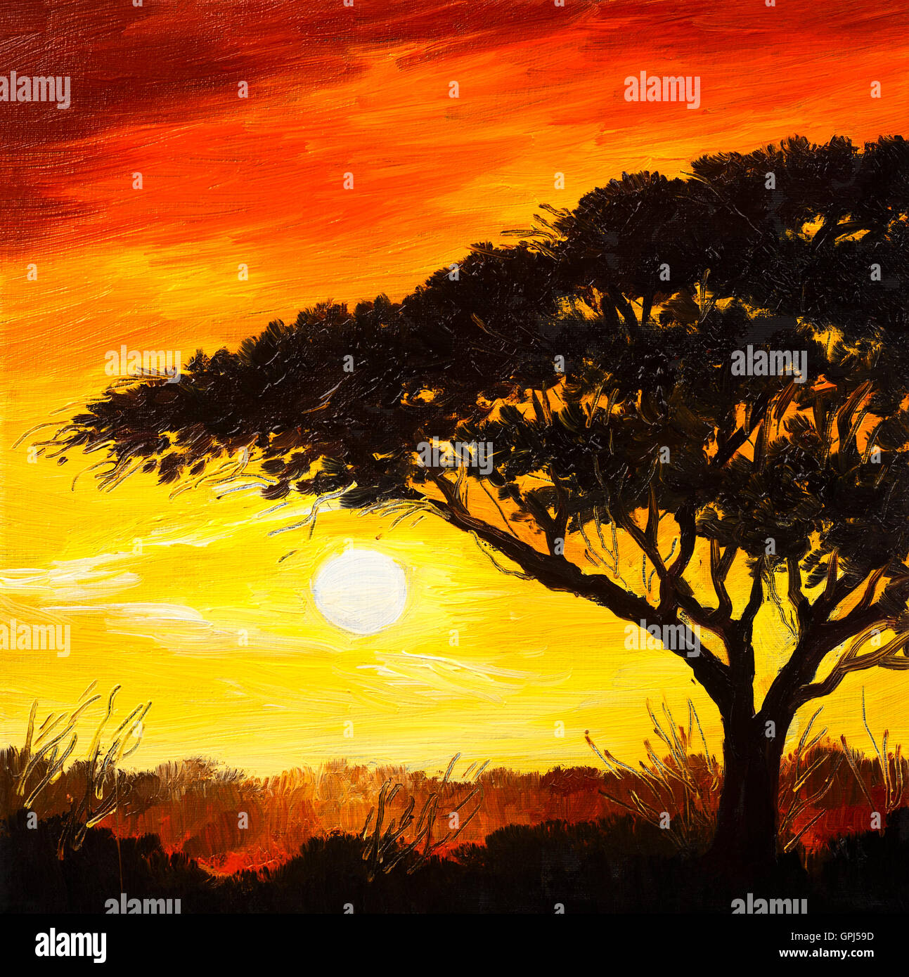 Paysage peinture à l'huile - coucher de soleil dans la forêt, papier peint,  plein soleil Photo Stock - Alamy