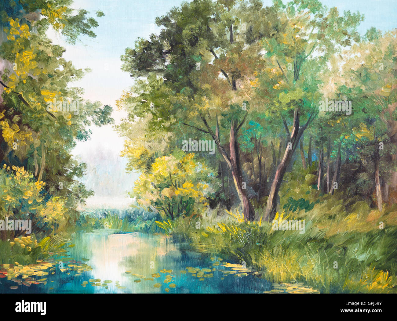 Peinture à l'huile de paysage forestier - étang dans la forêt. Dessin abstrait, extérieur, les feuilles Banque D'Images