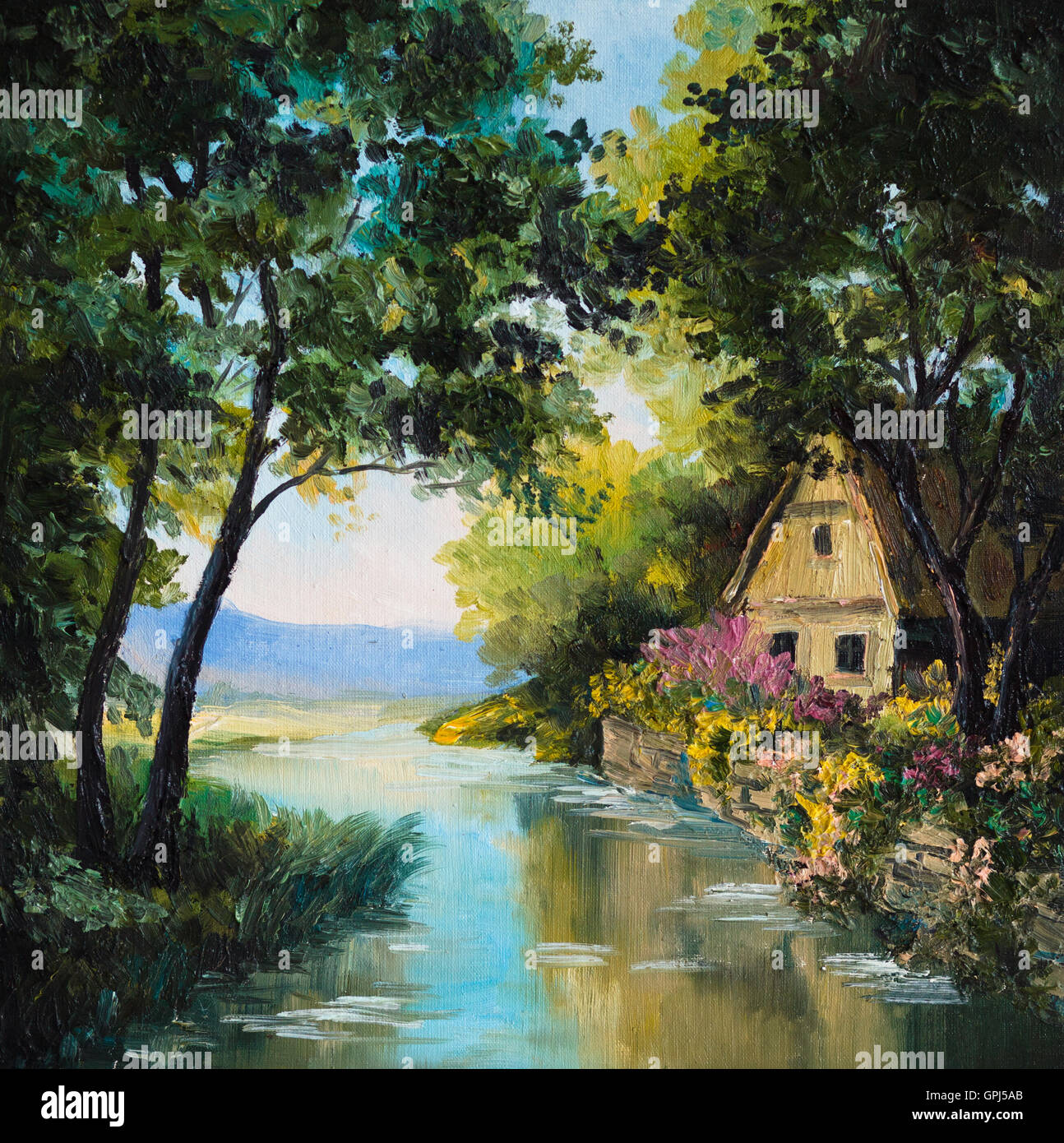 Huile sur toile - maison près de la rivière, arbre, papier peint, de l'eau Banque D'Images