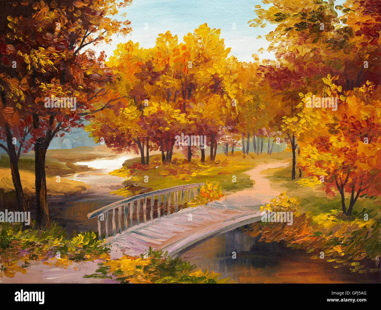 Peinture à l'huile - forêt d'automne avec une rivière et pont sur la rivière, feuilles rouge vif et coloré Banque D'Images