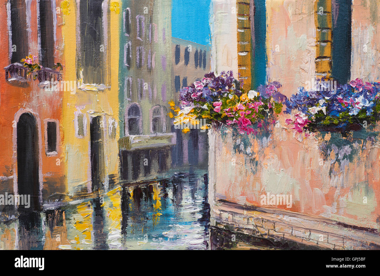 Peinture à l'huile, canal in Venice, Italie, célèbre lieu touristique, l'impressionnisme coloré Banque D'Images
