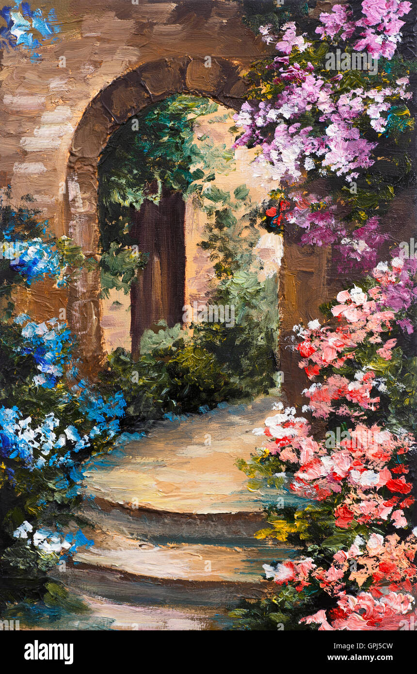 Peinture à l'huile - terrasse d'été, des fleurs colorées dans un jardin, maison en Grèce Banque D'Images