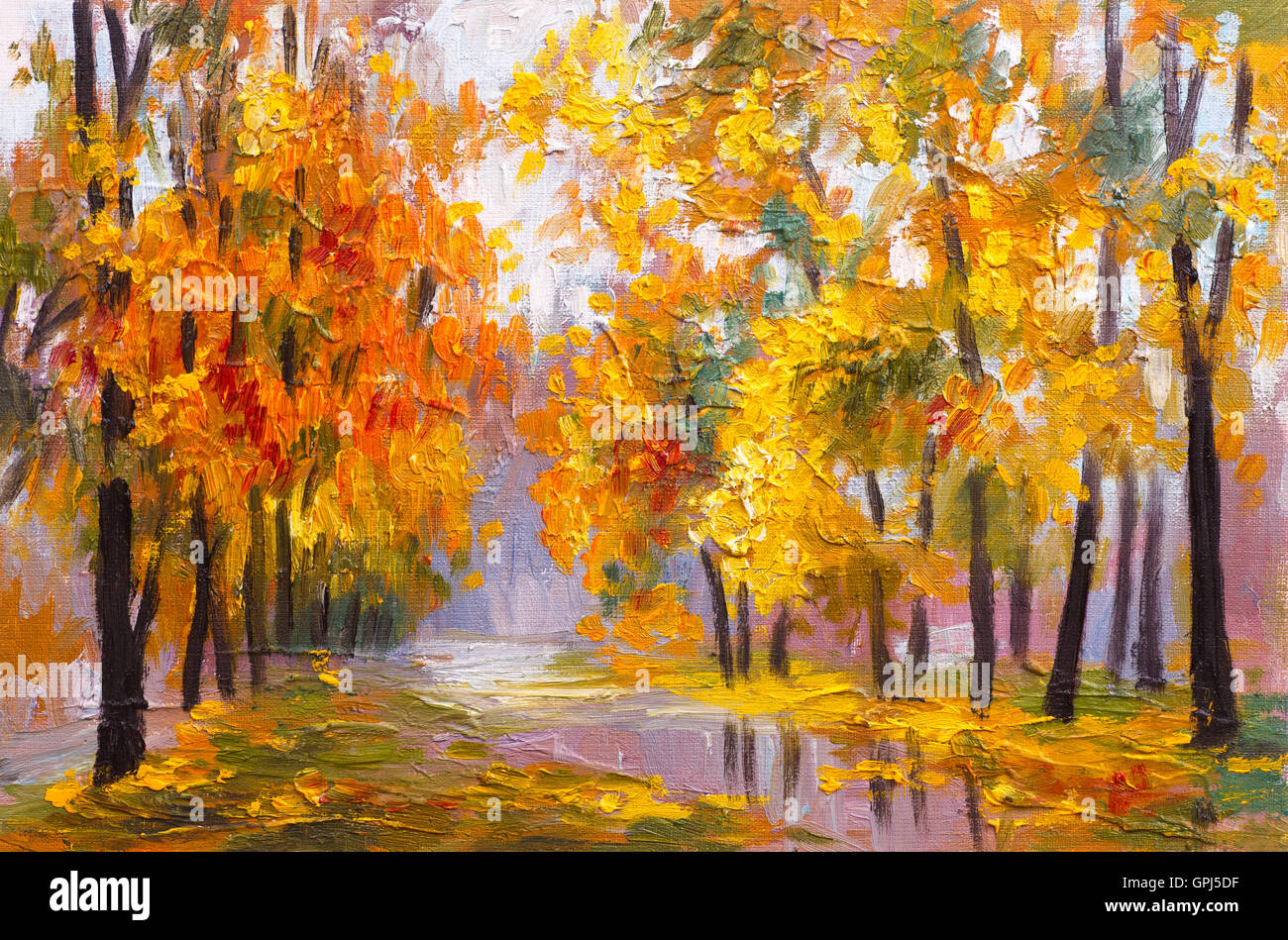 Peinture à l'huile paysage - forêt d'automne, plein de feuilles tombées, photo couleur , dessin abstrait Banque D'Images