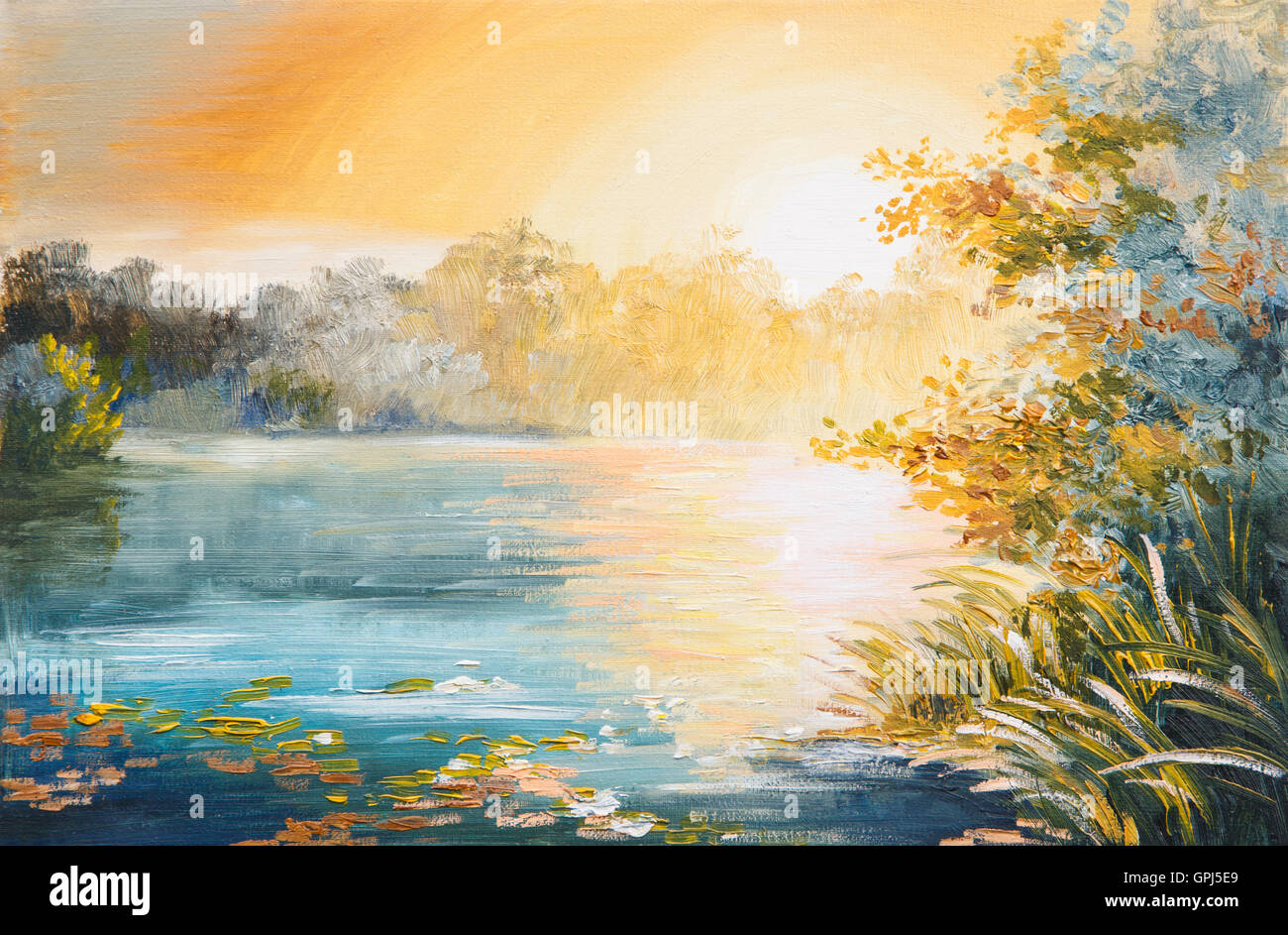 Peinture - coucher de soleil sur le lac, coucher de soleil lumineux Banque D'Images