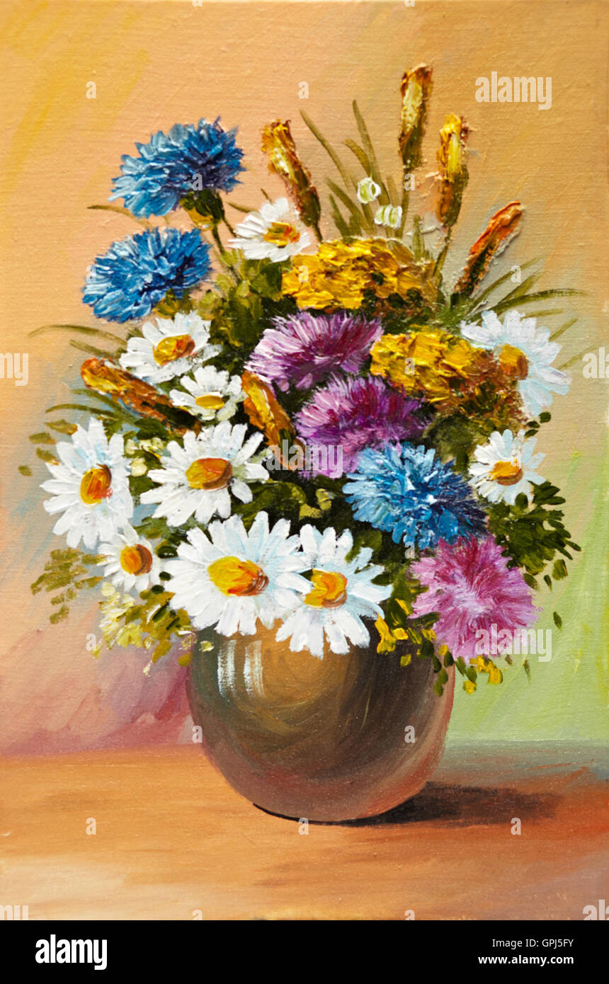 Peinture à Lhuile De Fleurs Printanières Dans Un Vase Sur