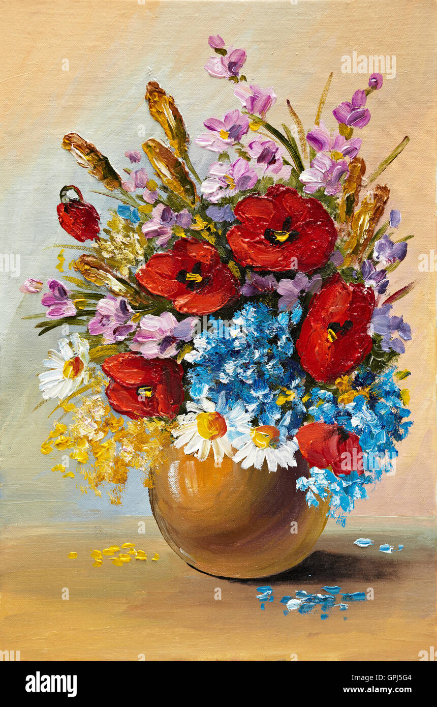 Peinture à l'huile de fleurs printanières dans un vase sur toile. Dessin  abstrait, l'été, blanc, rouge Photo Stock - Alamy