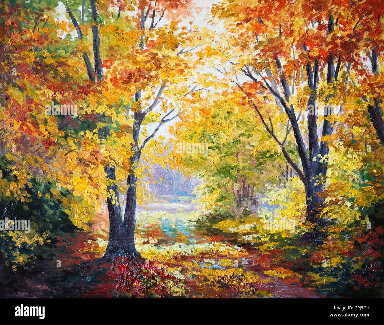 Huile sur toile - forêt d'automne, saison, abstrait, moderne Banque D'Images