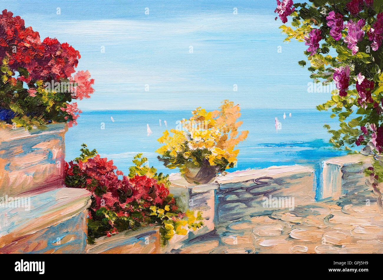 Paysage peinture à l'huile - une terrasse près de la mer, fleurs Banque D'Images