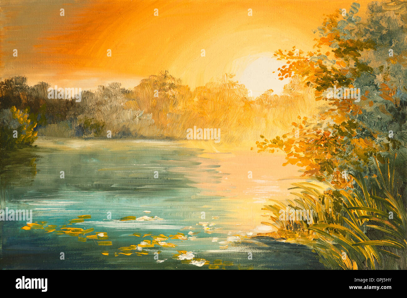 Peinture à l'huile - coucher de soleil sur le lac, couleurs dessin art, automne, jaune Banque D'Images