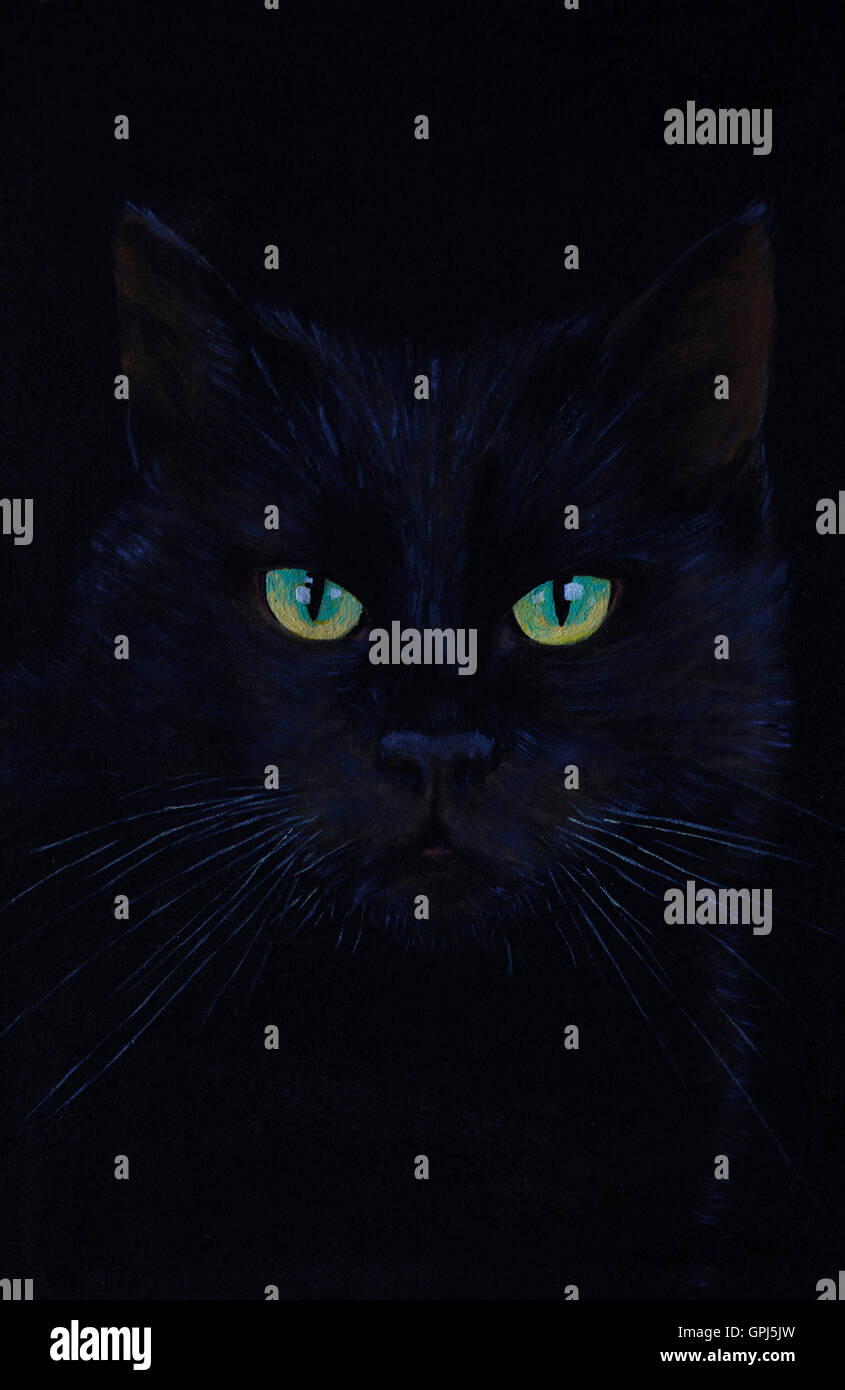 Dessin d'un chat noir, peinture à l'huile, des yeux de chat Banque D'Images