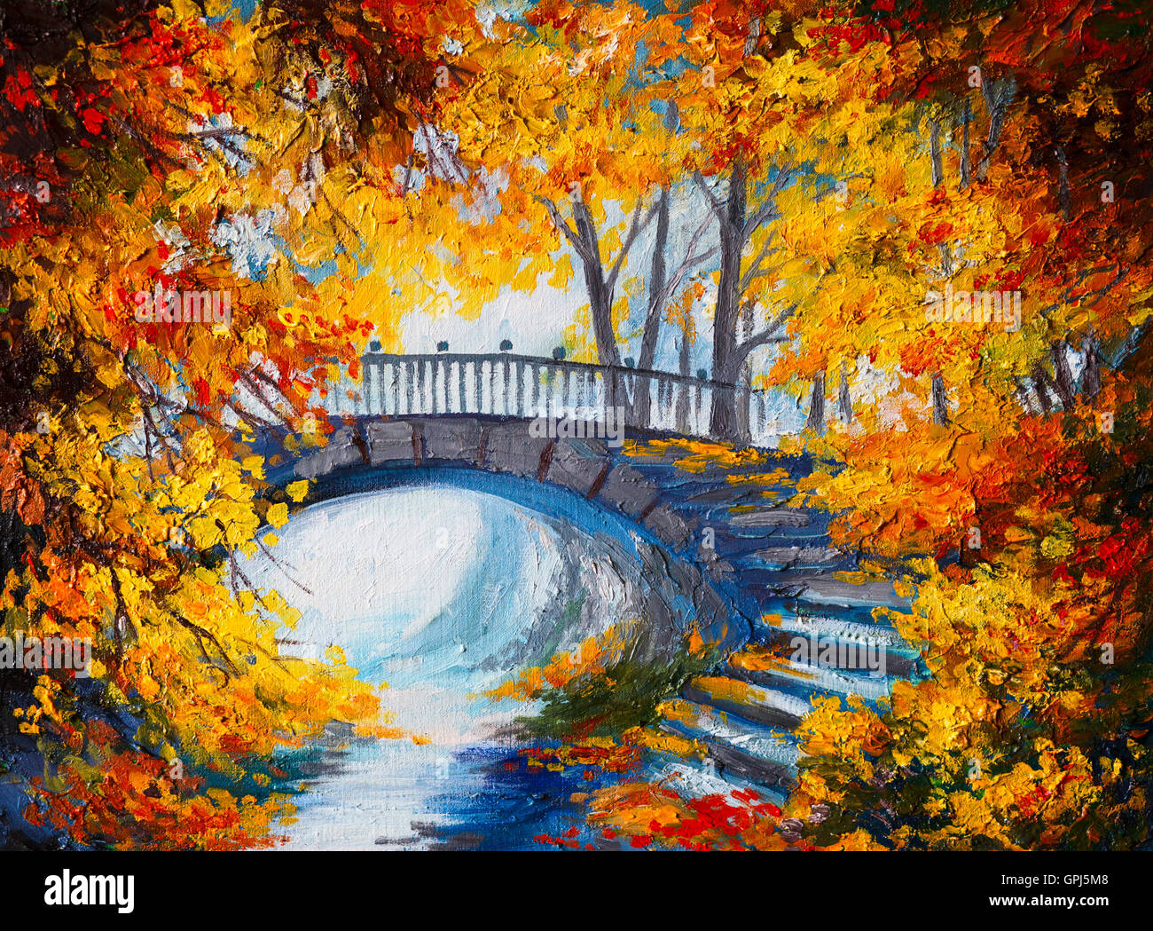 Peinture à l'huile - forêt d'automne avec une route et pont sur la route, feuilles rouge vif Banque D'Images