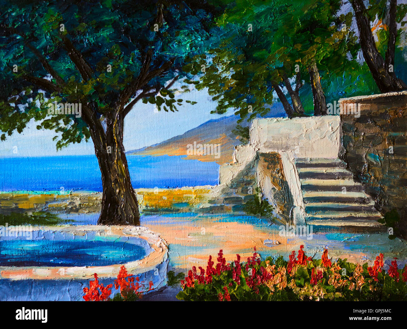 Paysage peinture à l'huile - une terrasse près de la mer, fleurs Banque D'Images