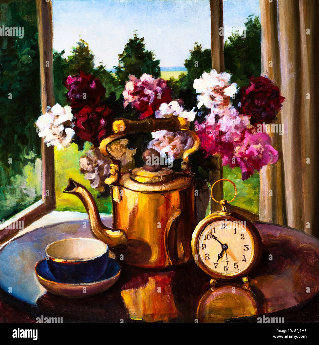 Huile sur toile - nature morte, un bouquet de fleurs, et de l'horloge électrique sur table Banque D'Images