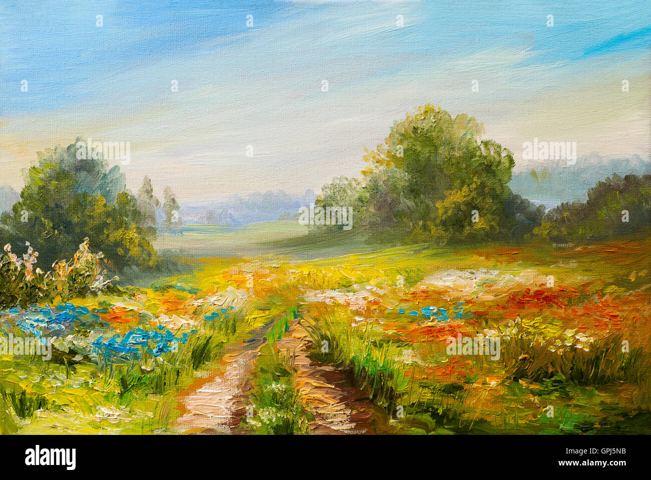 Peinture à l'huile paysage, champ de fleurs colorées, l'impressionnisme abstrait Banque D'Images