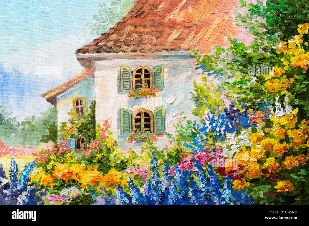 Peinture à l'huile paysage, maison dans le jardin de fleurs, l'impressionnisme abstrait Banque D'Images