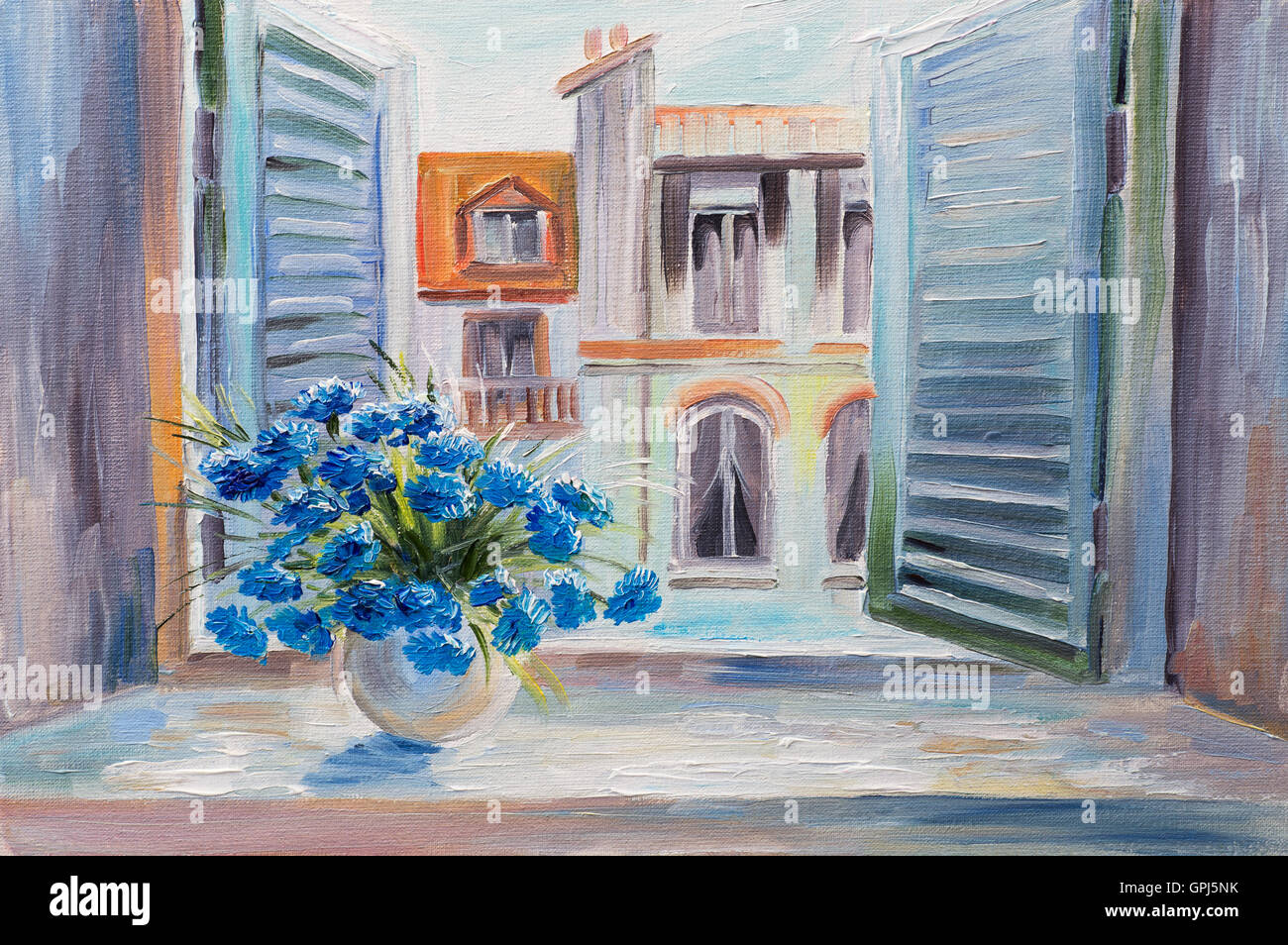 Peinture à l'huile. Fleurs dans le balcon, toits en été, aquarelle colorée Banque D'Images