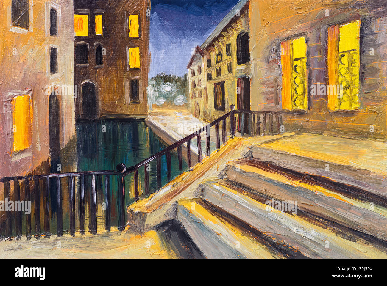 Peinture à l'huile, canal in Venice, Italie, célèbre lieu touristique, l'impressionnisme coloré Banque D'Images