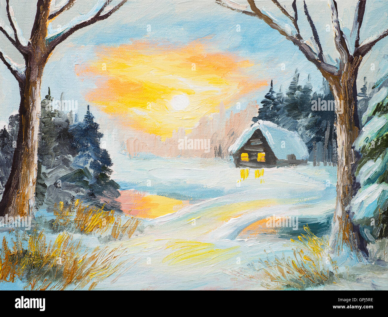 Peinture à l'huile paysage d'hiver, rivière gelée dans la forêt, aquarelle colorée Banque D'Images