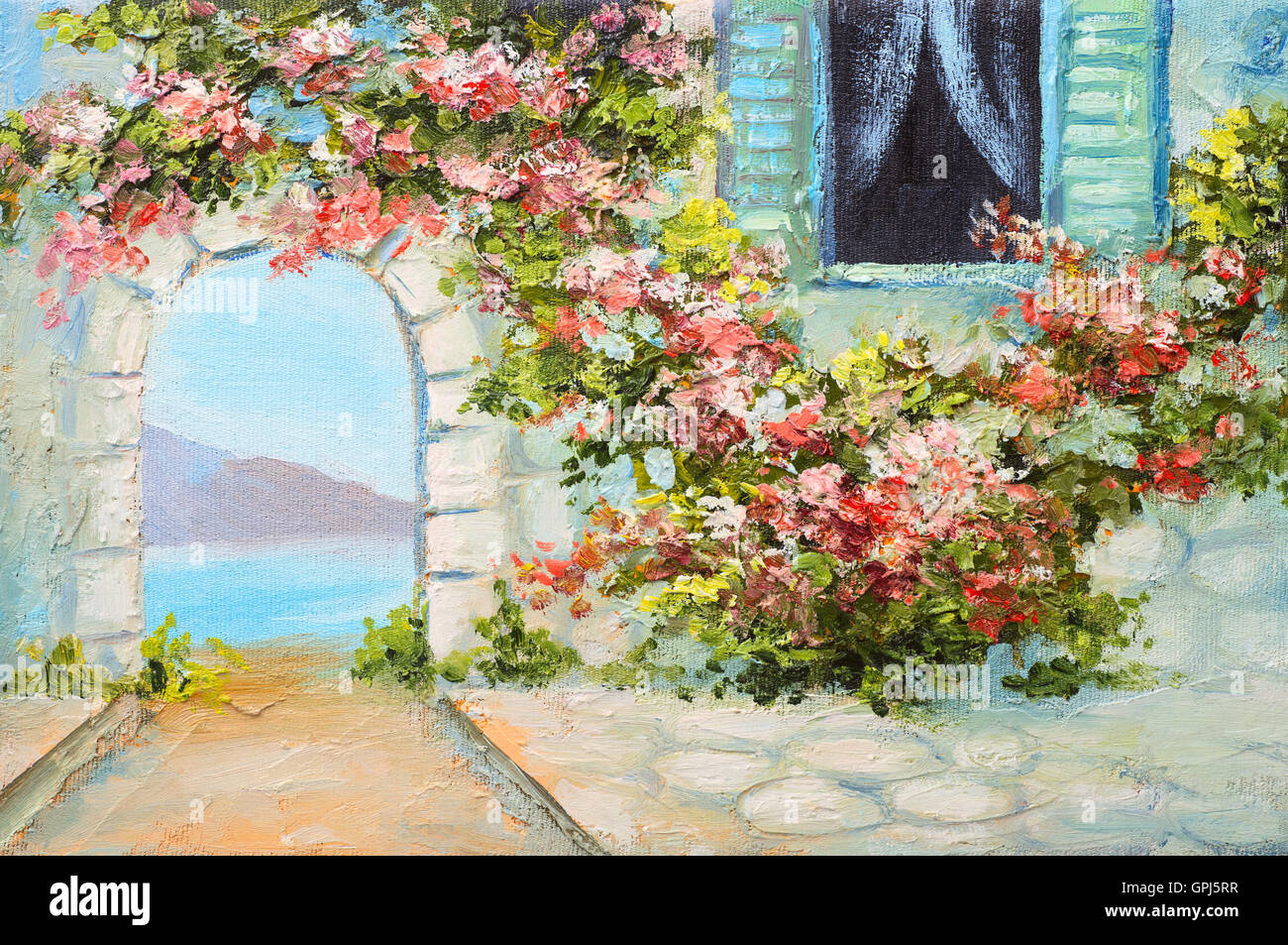 Peinture à l'huile - maison proche de la mer, des fleurs colorées, été seascape Banque D'Images