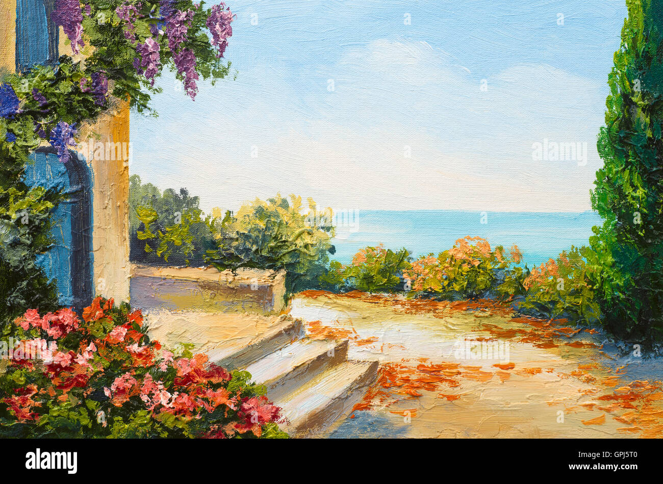 Peinture à l'huile - maison proche de la mer, des fleurs colorées, été seascape Banque D'Images
