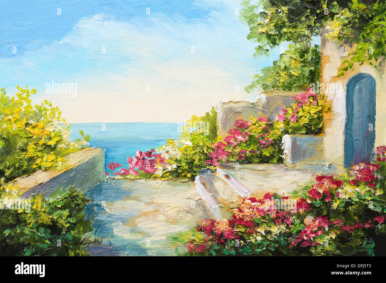 Peinture à l'huile - maison proche de la mer, des fleurs colorées, été seascape Banque D'Images