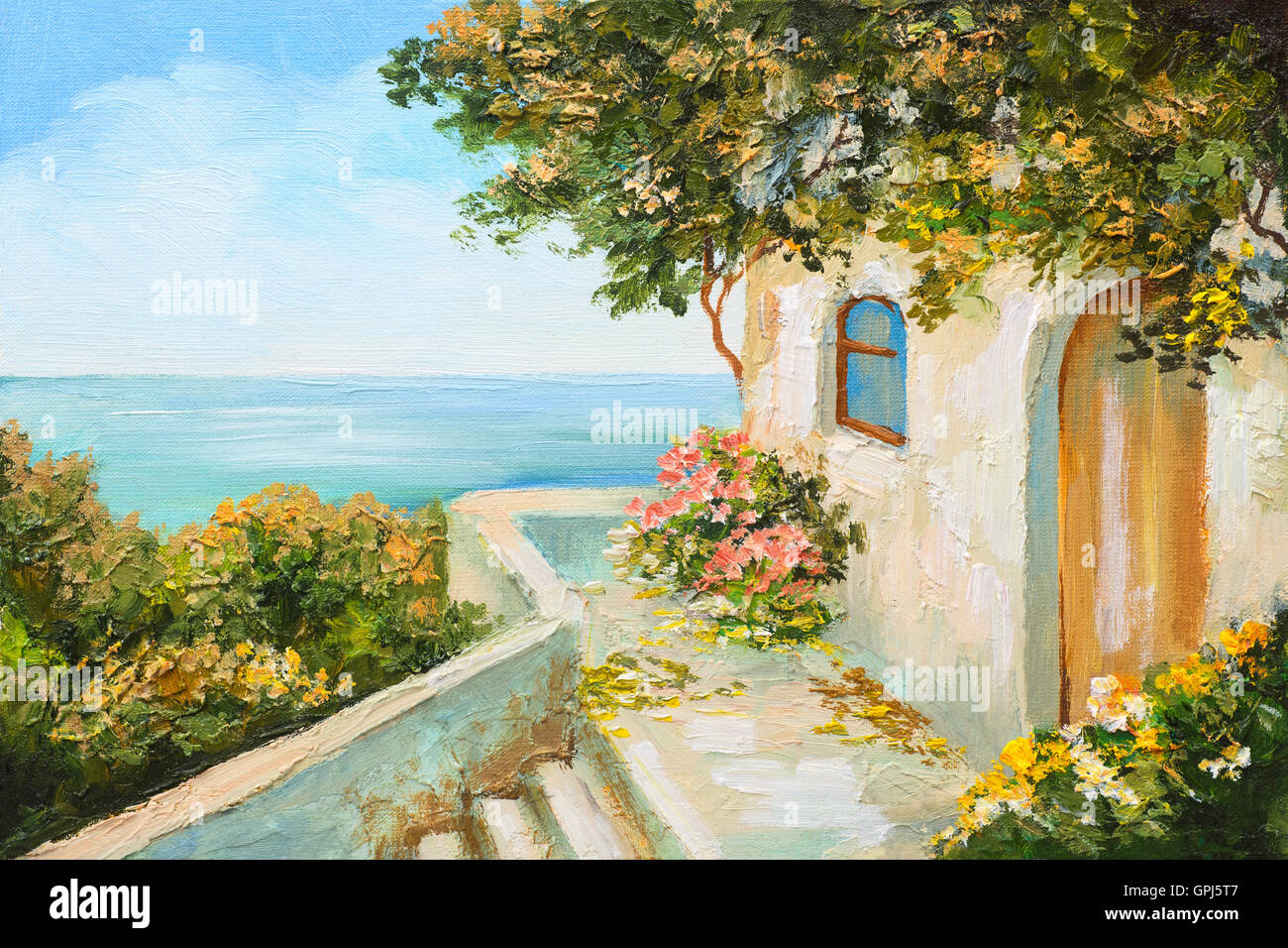 Peinture à l'huile - maison proche de la mer, des fleurs colorées, été seascape Banque D'Images