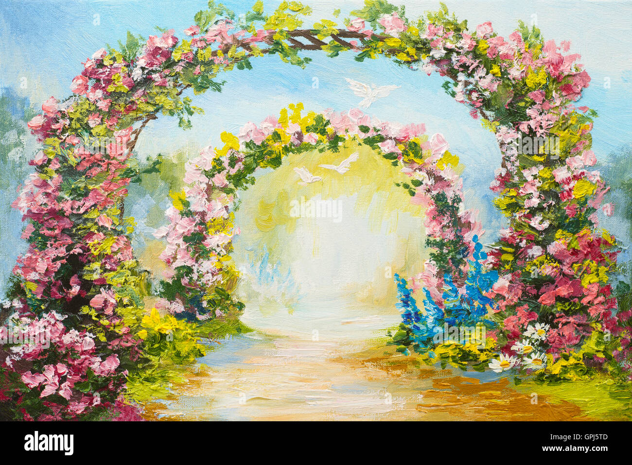 Peinture à l'huile - floral arch dans le parc d'été, art colorés photo, dessin abstrait, battant des colombes Banque D'Images
