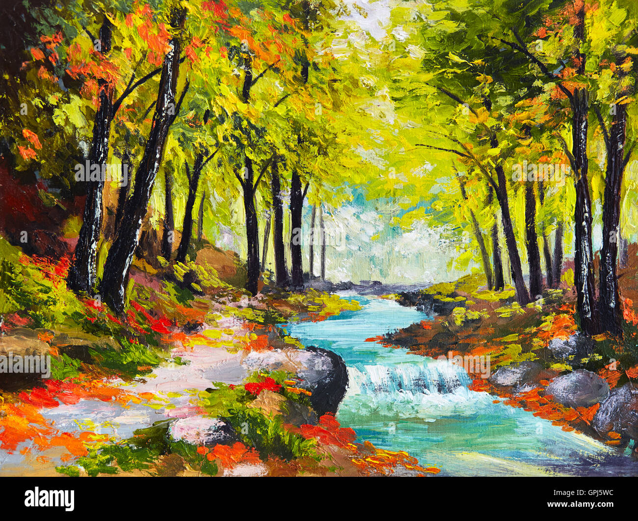 Peinture à l'huile paysage - rivière en forêt d'automne Banque D'Images