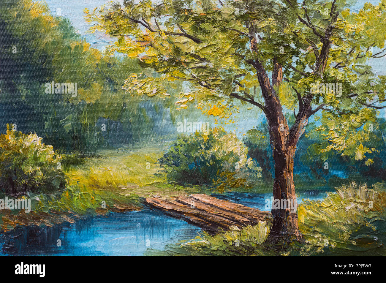 Peinture à l'huile - paysage de forêt d'été coloré, belle rivière Banque D'Images