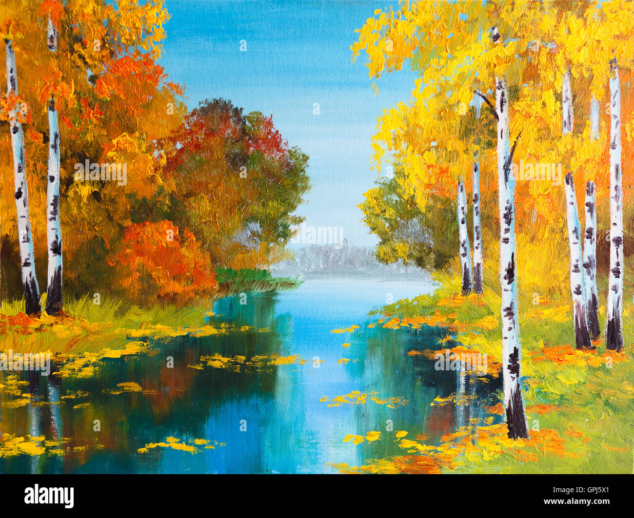 Peinture à l'huile paysage - forêt de bouleaux près de la rivière Banque D'Images