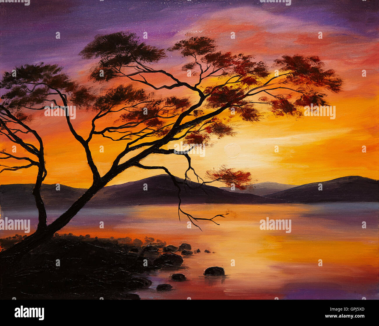 Peinture à l'huile - coucher de soleil sur le lac, l'art abstrait Banque D'Images