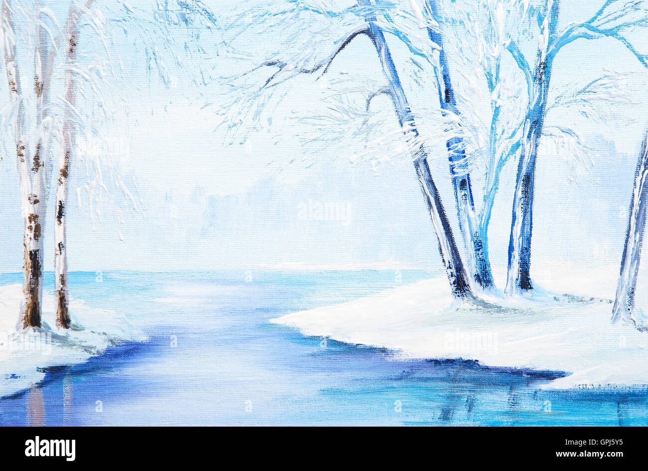 Peinture à l'huile d'hiver neige paysage avec river Banque D'Images