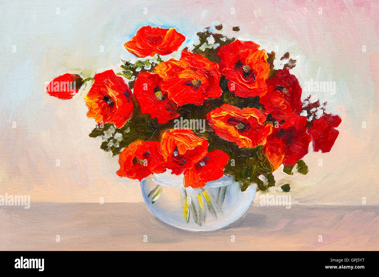 Peinture à l'huile de l'aquarelle nature morte bouquet coquelicots dans un vase Banque D'Images