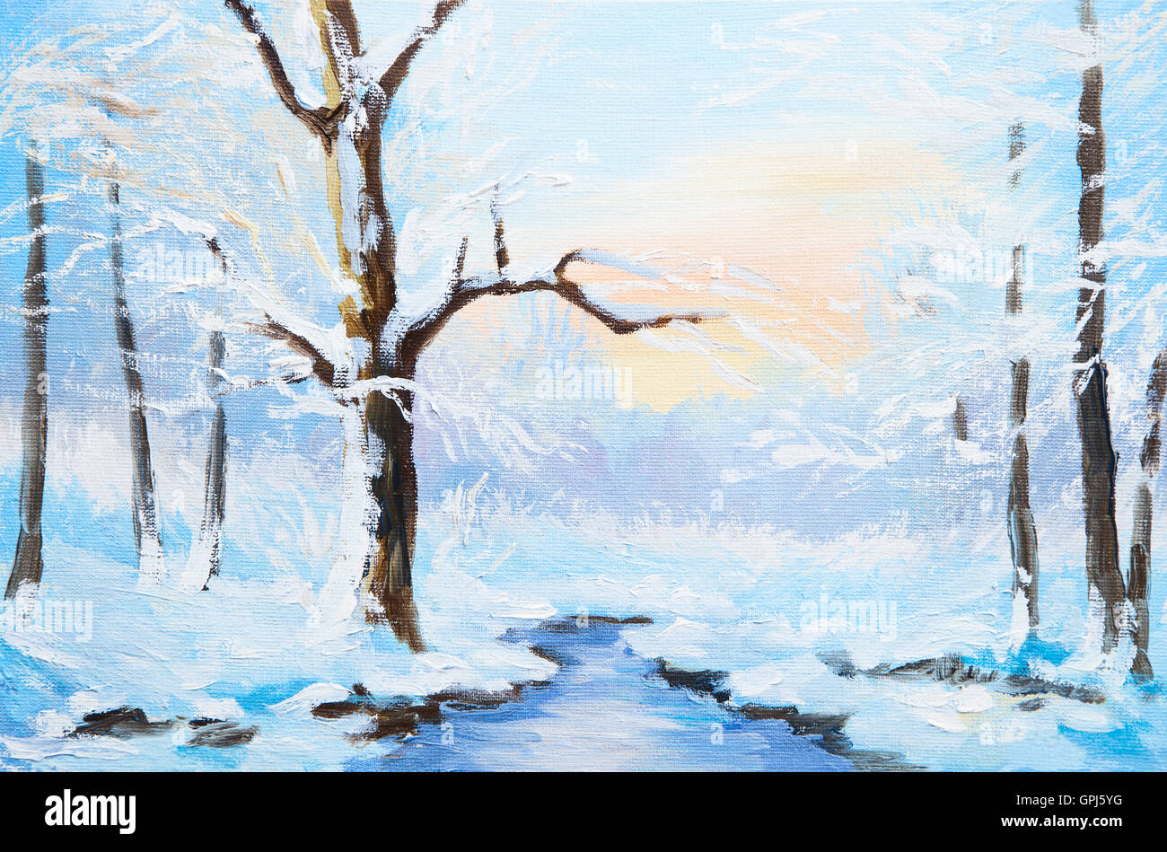 Peinture à l'huile de paysage d'hiver avec river Banque D'Images