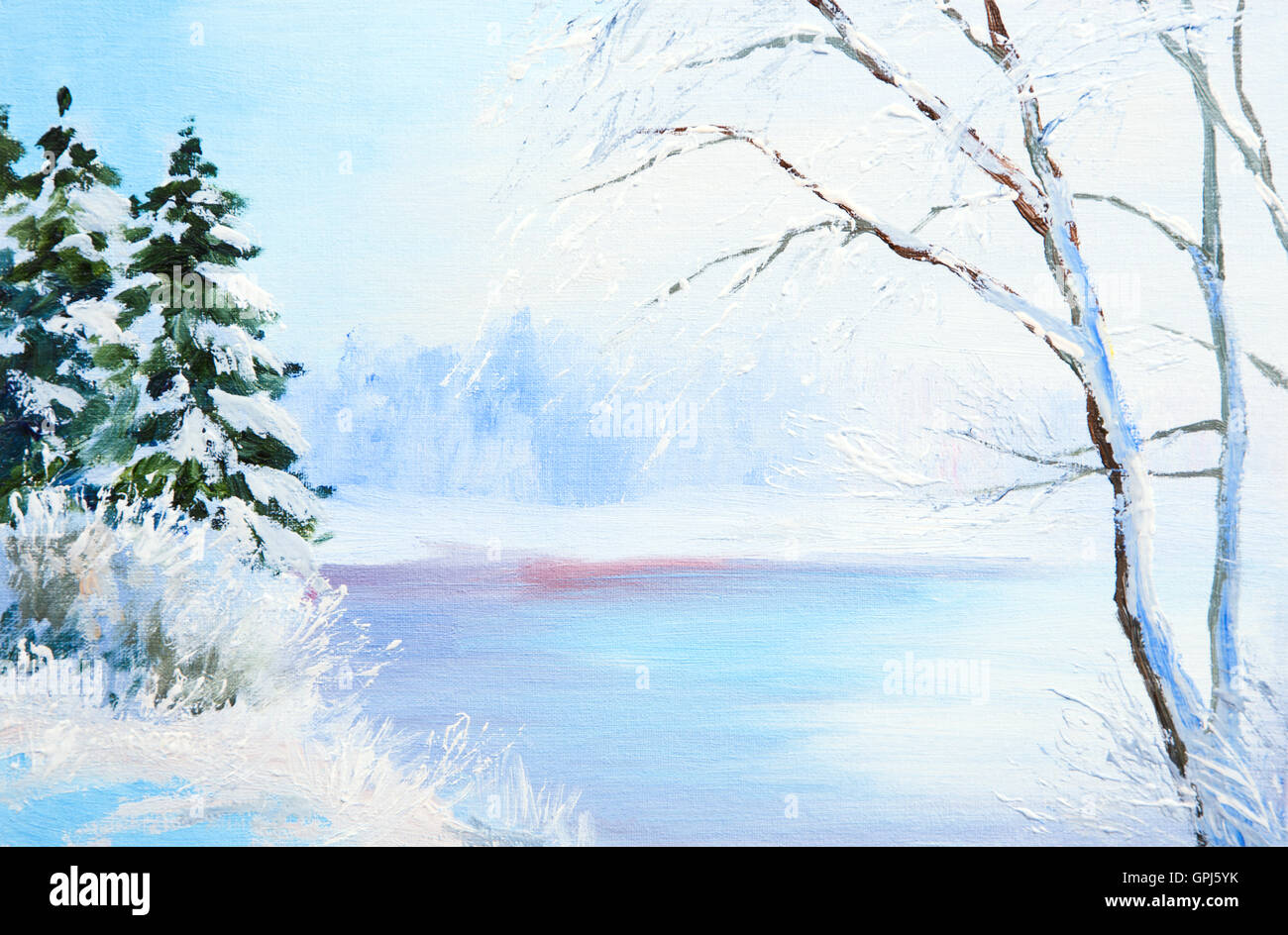 Peinture à l'huile d'hiver forêt avec river Banque D'Images