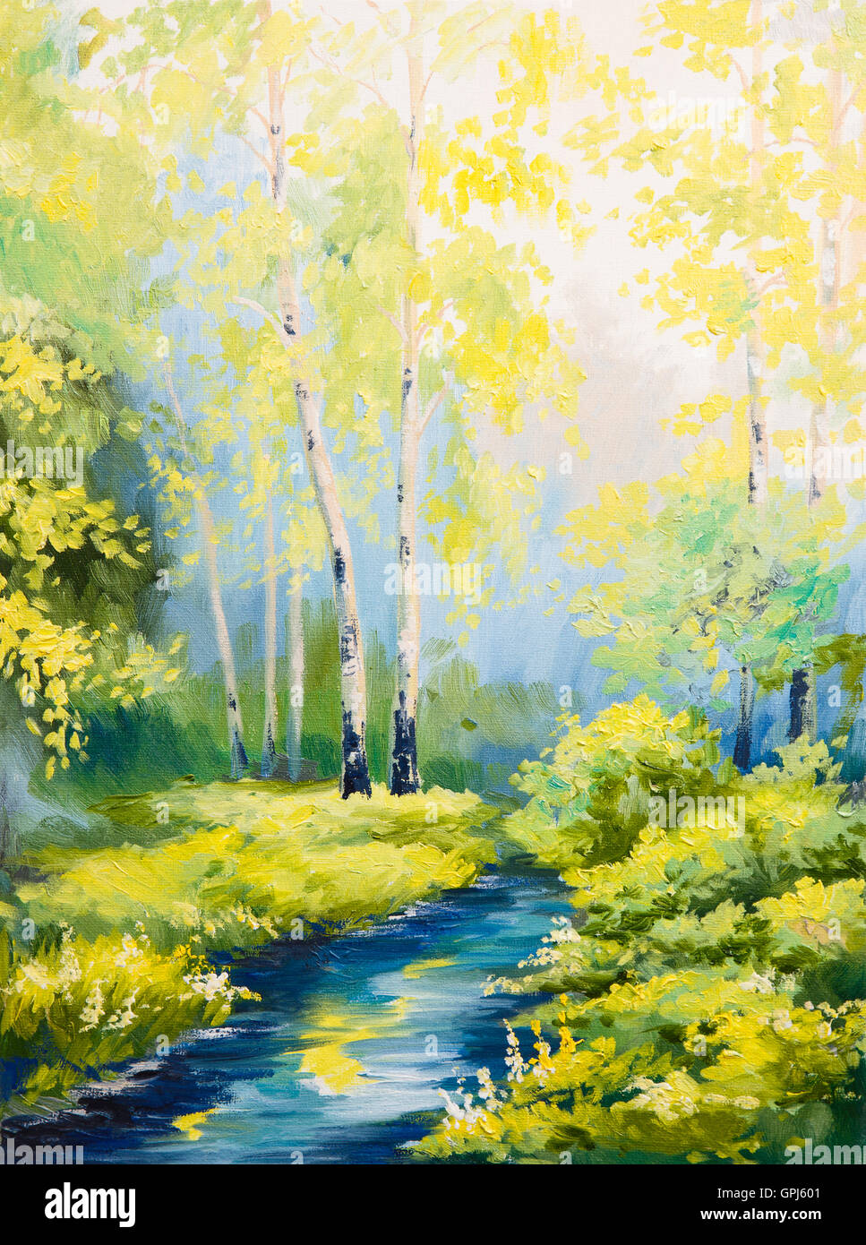 Peinture à l'huile de forêt d'automne avec river Banque D'Images