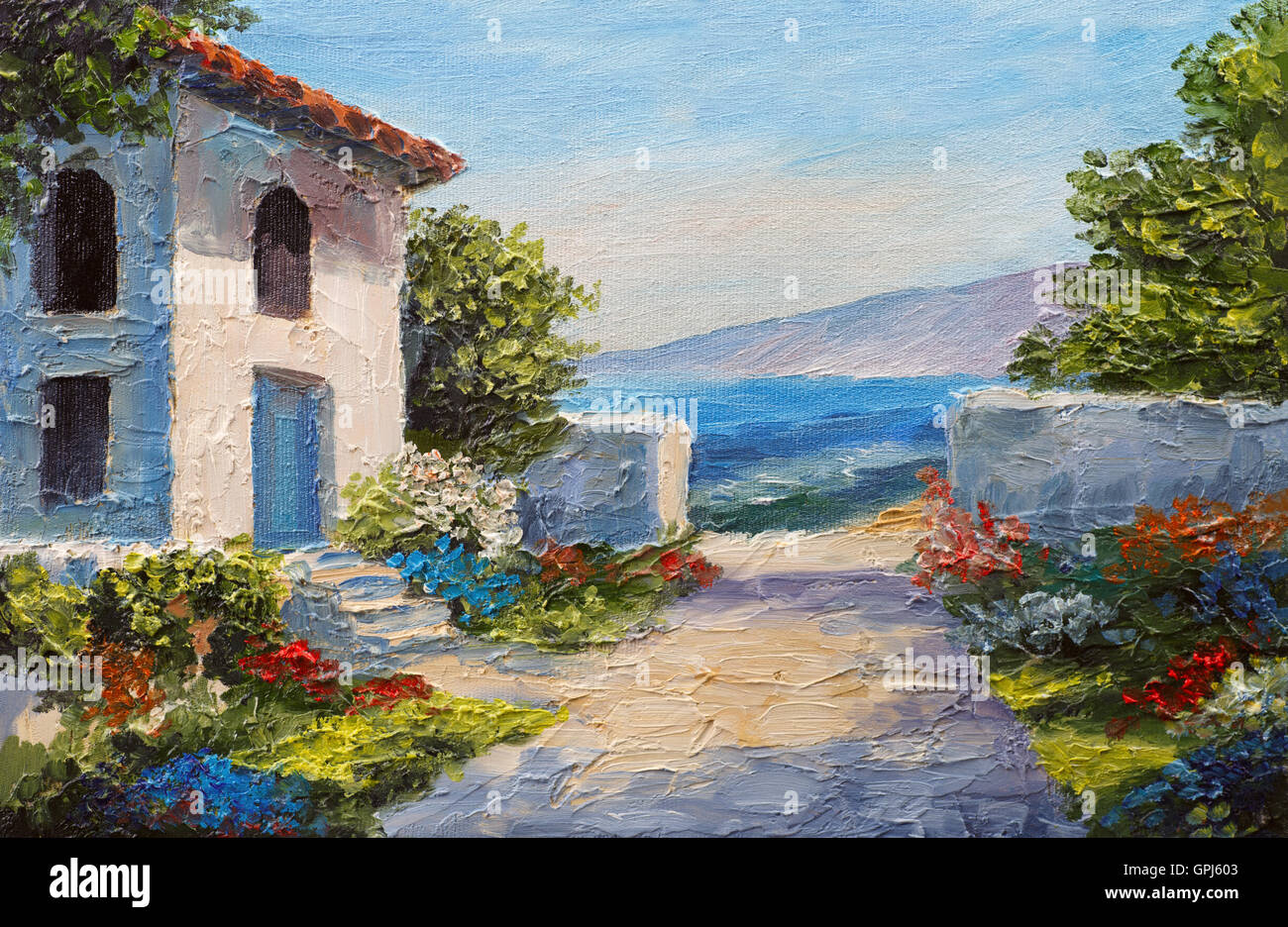Peinture à l'huile - maison proche de la mer, des fleurs colorées, été seascape Banque D'Images