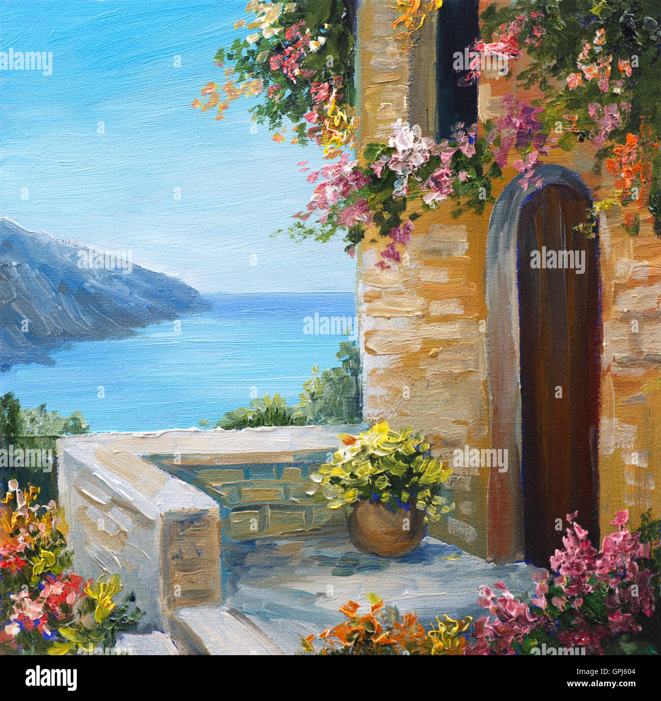 Peinture à l'huile - maison proche de la mer, des fleurs colorées, été seascape Banque D'Images