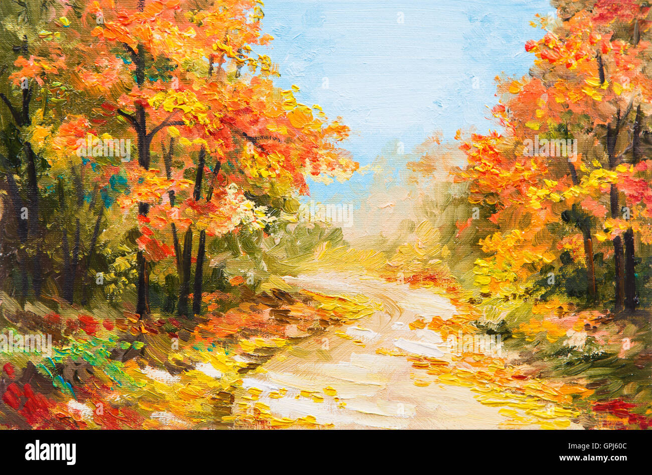 Peinture à l'huile - forêt d'automne, chemin dans la forêt Banque D'Images