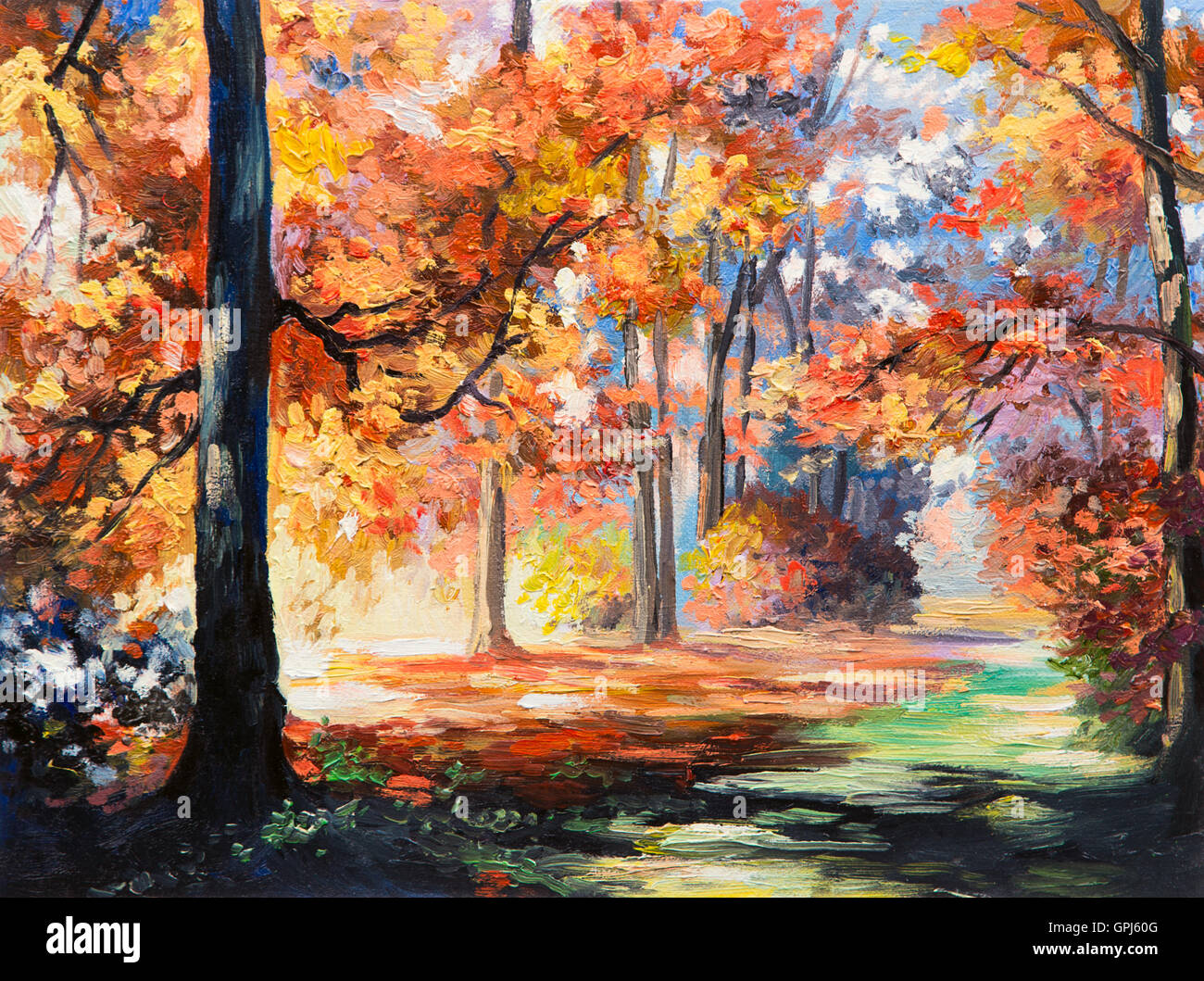 Peinture à l'huile paysage - forêt d'automne, d'un sentier dans la forêt Banque D'Images